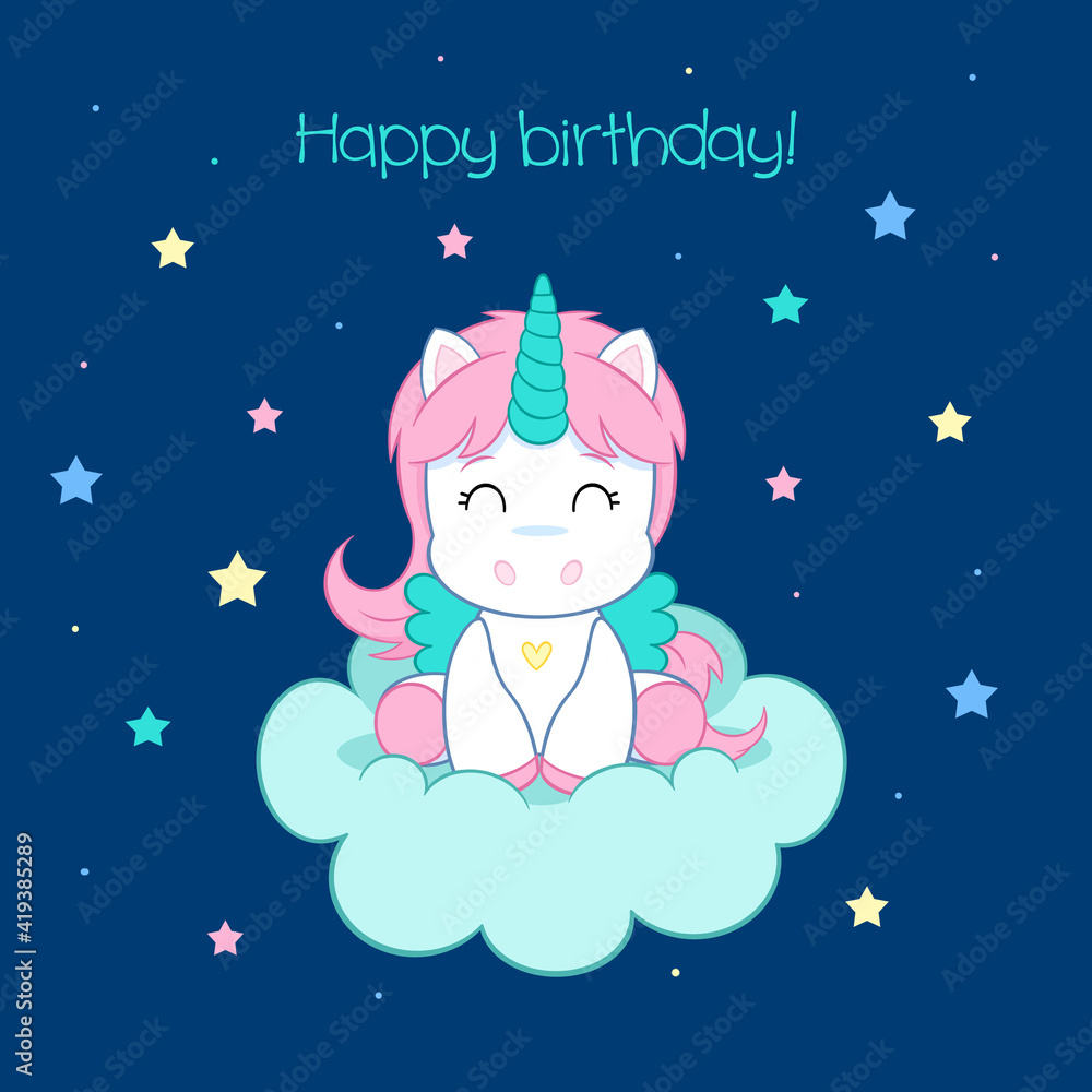 Happy birthday my little unicorn - Lovely little unicorn on the cloud - Blue background - Suitable for decorations, party invitations or greeting cards