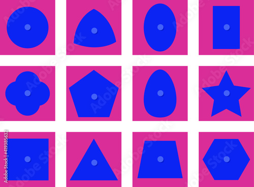 Montessori Quatrefoil and Metal Insets: circle, square, triangle, rectangle, oval, ellipse, quadrilateral, curved triangle, trapezoid, pentagon, hexagon, star. Montessori game for kids. 