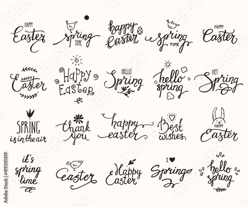 Happy Easter, springtime handwritten lettering, cute spring symbols. Modern brush calligraphy, design elements for greeting card, invitation, banner, poster, flyer templates. Isolated vector set.