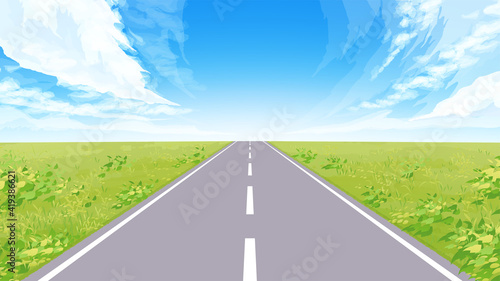 直線道路の風景イラスト_秋_16:9