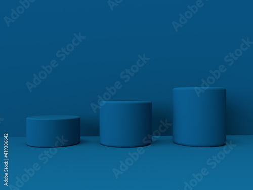 Mockup geometric shape cylinder mat podium on dark blue background. 3D render of advertising template space for product in minimalist style. Display case empty showcase.