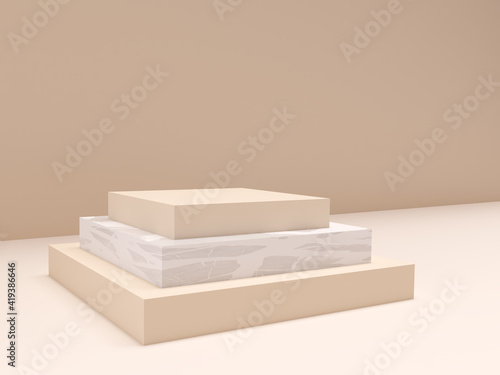 Mockup geometric shape square mat and marble stone podium on beige background. 3D render of advertising template space for product in minimalist style. Display case empty showcase