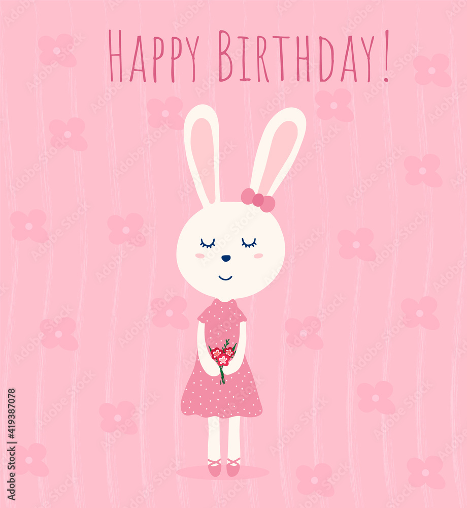Happy birthday greeting card with Cute bunny girl in pink dress with flowers. on patterned pink background. Vector