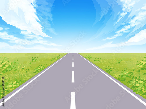 直線道路の風景イラスト_秋