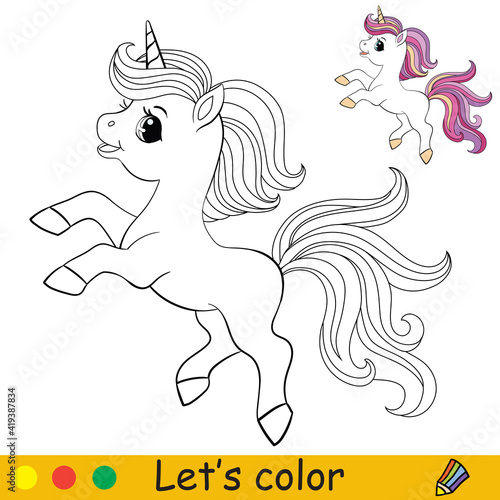 Cute unicorn with purple long mane coloring vector