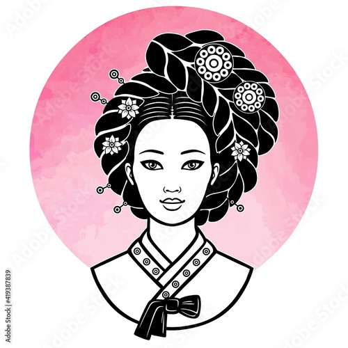 Portrait of the young Korean girl with an ancient hairstyle. Monochrome image on a background of the pink sun, imitation of a watercolor. Vector illustration isolated. Print, poster, t-shirt, card.