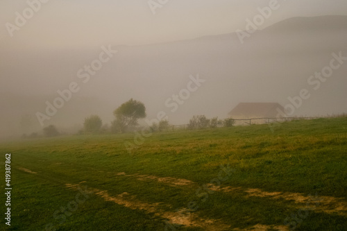 foggy morning in the Carpathian mountains near Svalyava  Ukraine