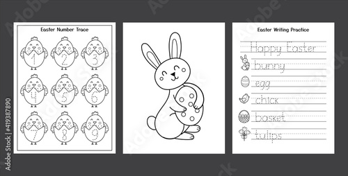 Easter Worksheets set with cute bunny and chick. Black and white spring activity pages collection for kids. Coloring page with rabbit and eggs. Easter writing practice. Vector illustration