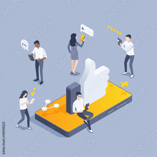 isometric vector illustration on gray background, like on smartphone screen and people with phones, positive ratings