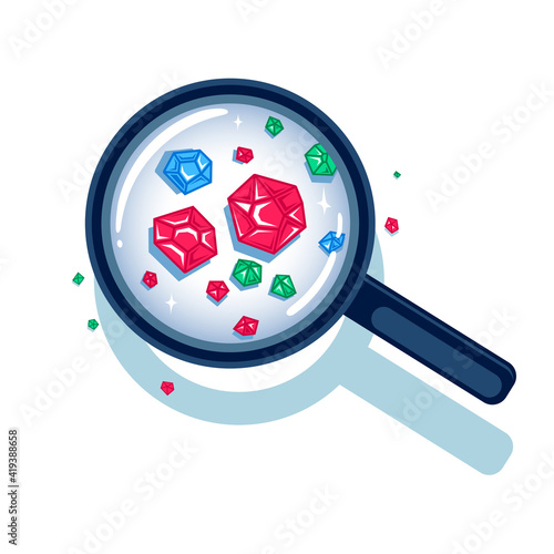 Viewing gems through magnifier. Consept for search and relevance.