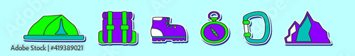 set of alpinist element cartoon icon design template with various models. vector illustration isolated on blue background