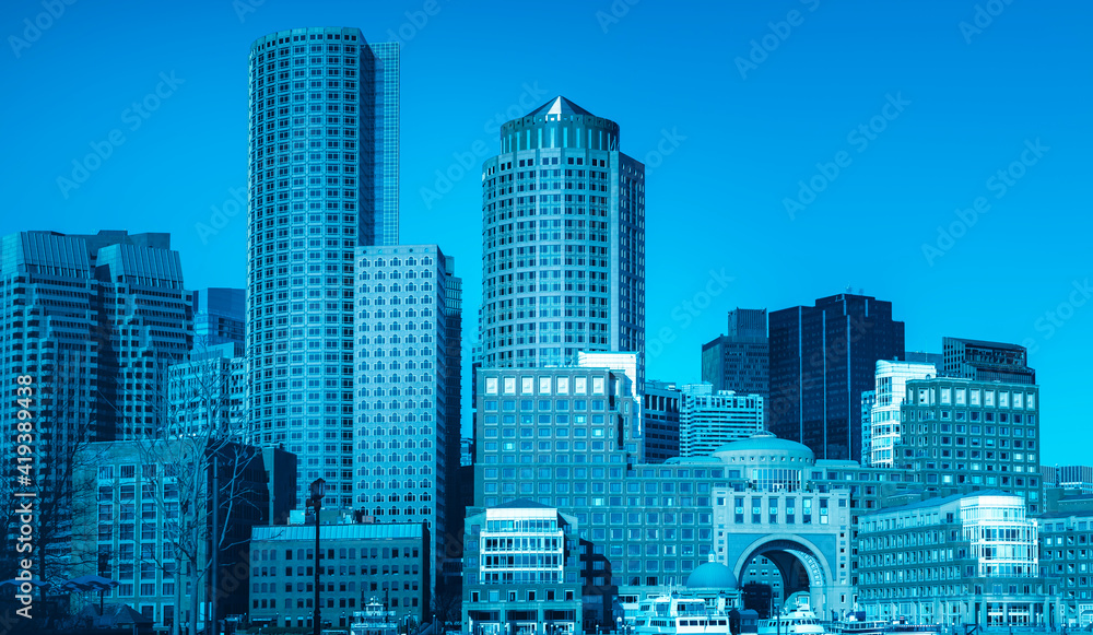Futuristic style monotone photo of Blue Boston Financial District