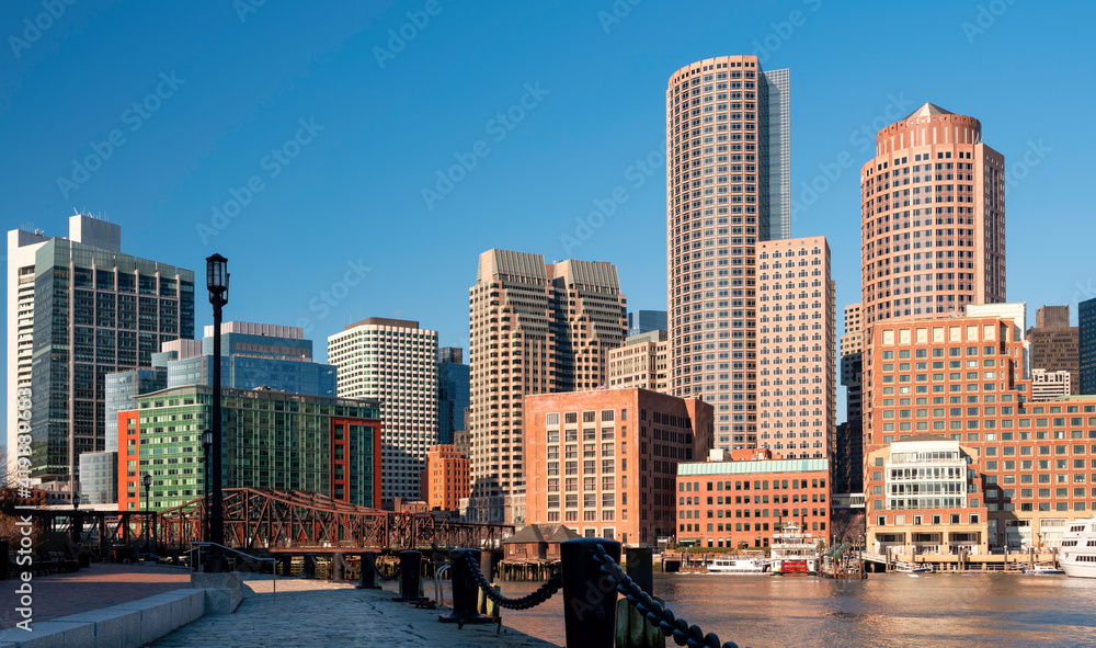Boston Skyline Financial District Cityscape over Boston Harbor - obrazy, fototapety, plakaty 