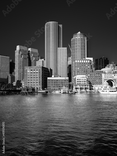 Black and White Photo of Boston Financial District Skyline at Night