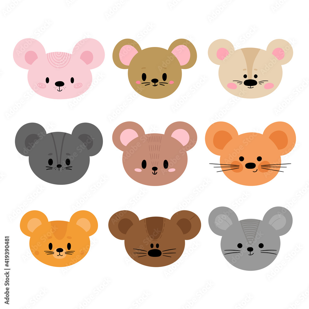 Adorable mouses. Set of cute cartoon animals portraits. Fits for designing baby clothes. Hand drawn smiling characters. Happy animal