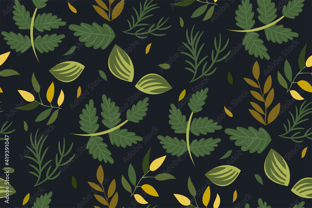Seamless pattern with forest leaves on a dark background. Green foliage in a hand-drawn style. Mysterious mystical botanical print. Vector illustration. Elegant design for fabric, wallpapers, covers Seamless pattern with forest leaves on a dark background. Green foliage in a hand-drawn style. Mysterious mystical botanical print. Vector illustration. Elegant design for fabric, wallpapers, covers