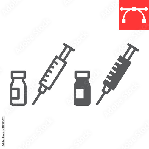Syringe with vial line and glyph icon, covid-19 and injection, vaccine vector icon, vector graphics, editable stroke outline sign, eps 10.