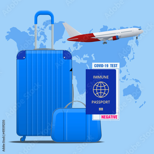 Business trip banner with passport, tickets, smartphone and credit card. COVID-19 Immunity Passport, immunity certificate, vaccination certificate. Air travel concept