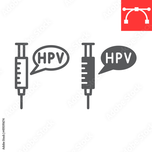 HPV vaccine line and glyph icon, vaccination and injection, syringe with speech bubble vector icon, vector graphics, editable stroke outline sign, eps 10.