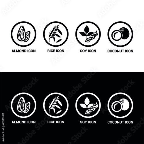 Vector image. Food icons. Soy, almond, coconut, rice icon.