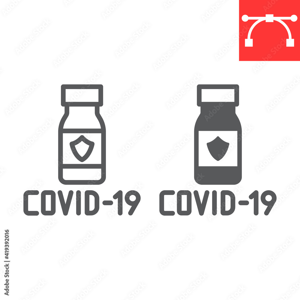Covid-19 vaccine line and glyph icon, vaccination and vial, coronavirus vaccine vector icon, vector graphics, editable stroke outline sign, eps 10. Covid-19 vaccine line and glyph icon, vaccination and vial, coronavirus vaccine vector icon, vector graphics, editable stroke outline sign, eps 10.