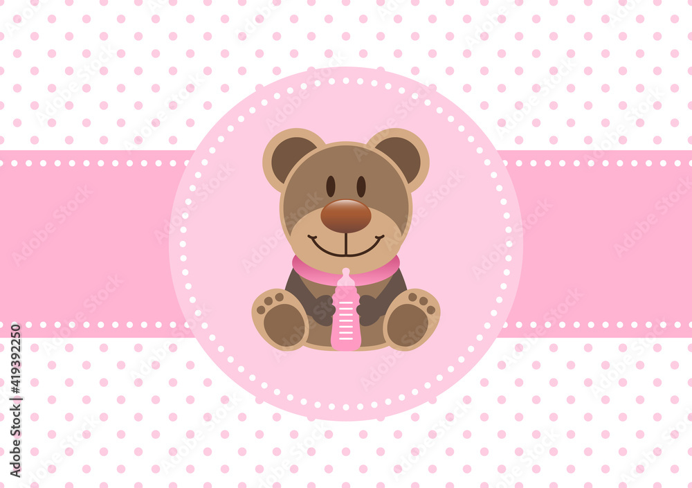 Fototapeta premium Karte Teddy Mit Flasche Baby Mädchen Punkte Pink
