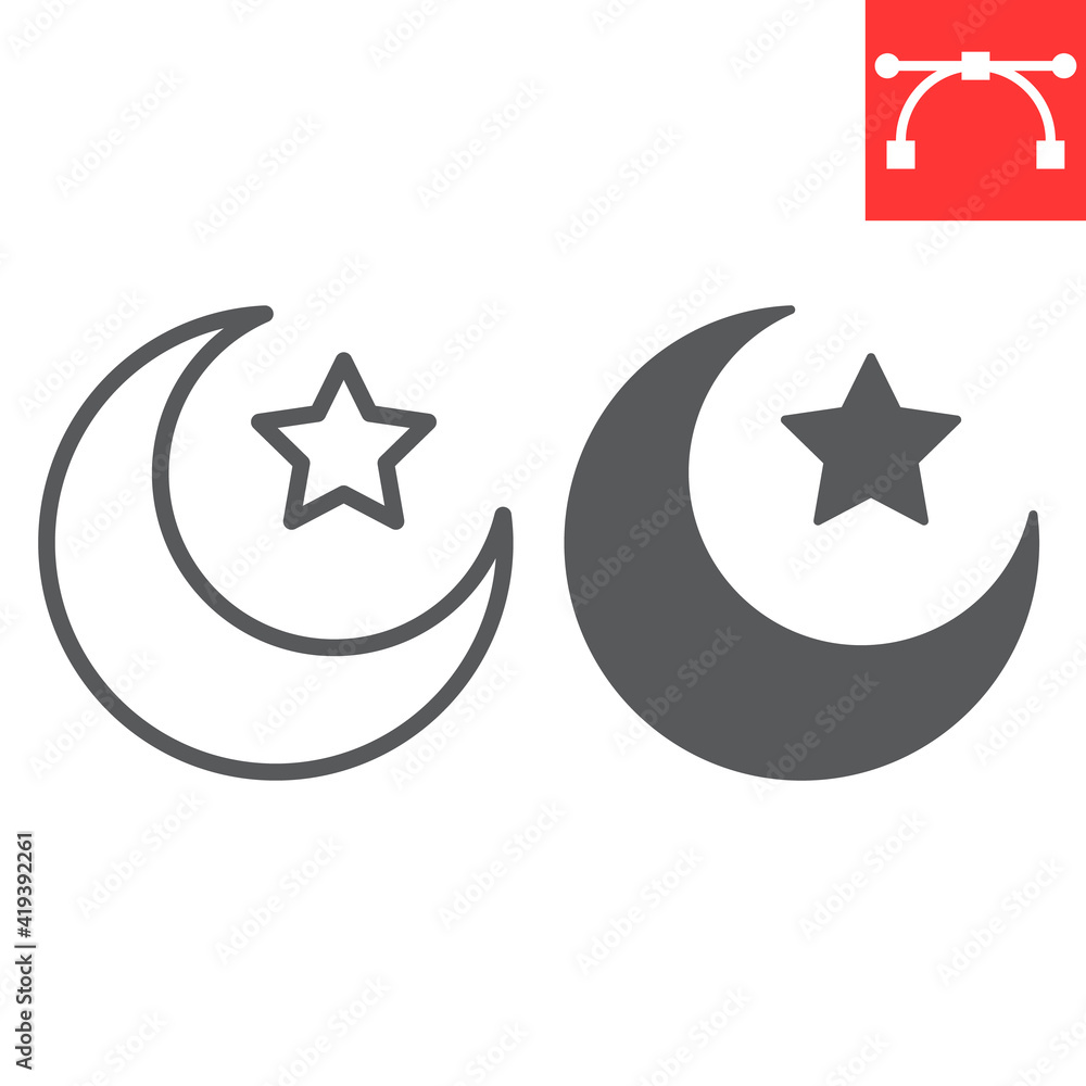Star and crescent line and glyph icon, Happy Ramadan and muslim, islamic crescent vector icon, vector graphics, editable stroke outline sign, eps 10. Star and crescent line and glyph icon, Happy Ramadan and muslim, islamic crescent vector icon, vector graphics, editable stroke outline sign, eps 10.