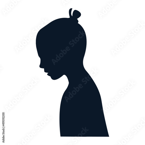 The silhouette of a girl, her hair gathered in a bun with an elastic band, her head tilted down, her mouth slightly open. Vector. Stock illustration.