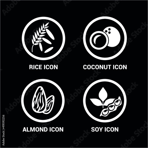 Vector image. Food icons. Soy, almond, coconut, rice icon.