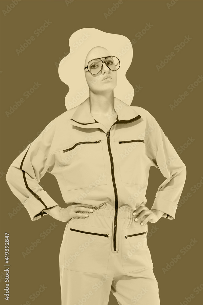 Fototapeta premium Funky woman in sunglasses. Crazy lady and surreal composition of textures, shapes, gradients. Contemporary art collage. Zine culture. Pop art. Fashion magazine style for posters, banners, wallpaper.