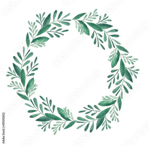 Fototapeta Naklejka Na Ścianę i Meble -  Leaves frame painted with watercolor isolated on white. Drawn wreath, garland with green leaves. Hand drawing, art of nature. Illustration for background greeting cards, invitations. Leaves sketch