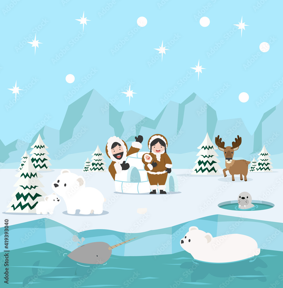 Naklejka premium Eskimo family winter north pole arctic background