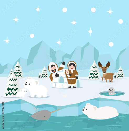 Eskimo family winter north pole arctic background