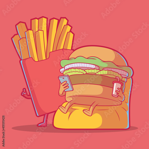 Burger and fries ordering food vector illustration. Fast food, technology design concept.