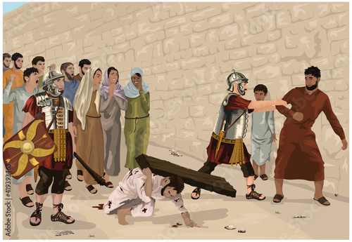 Jesus struggles to carry cross beam to Golgotha so Roman soldier compels Simon, a Cyrenian, to bear it for Him - Easter Story