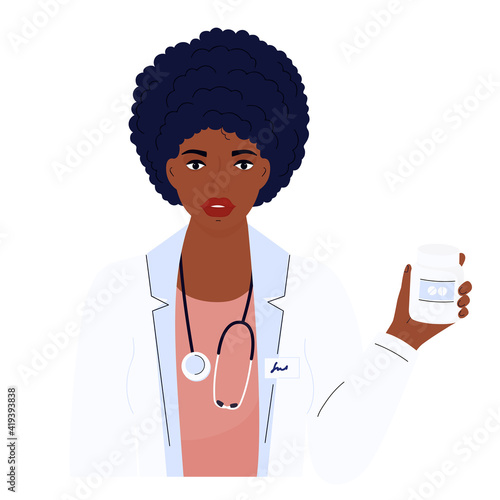Female doctor. African American woman in a white gown. Hospital staff