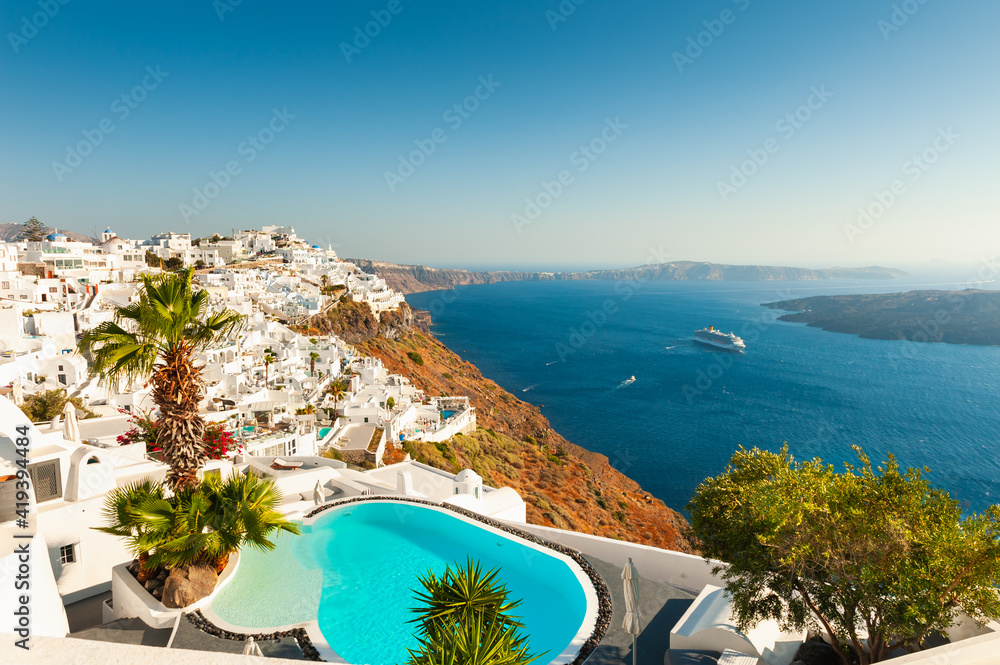 Panoramic view of Santorini island, Greece. White architecture and blue sea. Famous travel destination