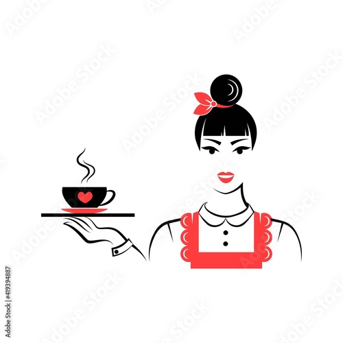 Waitress with tray and a cup of coffee or a cup of tea