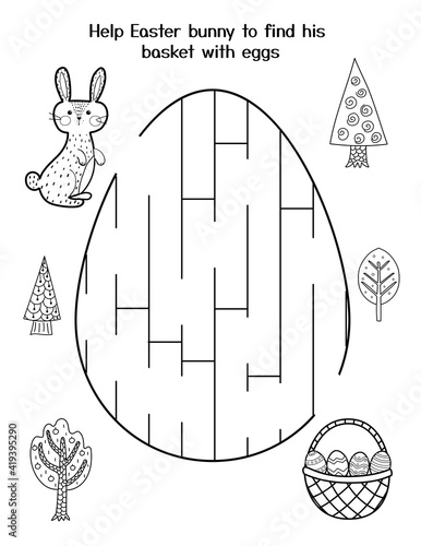 Help little bunny to find basket with eggs. Easter maze game for kids. Black and white spring activity page. Easter rabbit labyrinth puzzle. Vector illustration