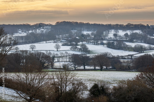Winter sunrise over High Weald landscape, Burwash, East Sussex, England, United Kingdom, Europe