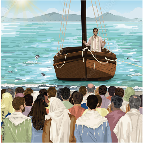 Jesus teaches from boat on the sea of Galilee, in front of large crowd