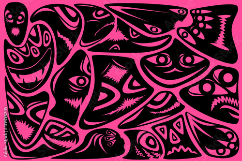 A set of black silhouettes of monsters on a pink background, an illustration for wallpaper on the wall and other purposes.