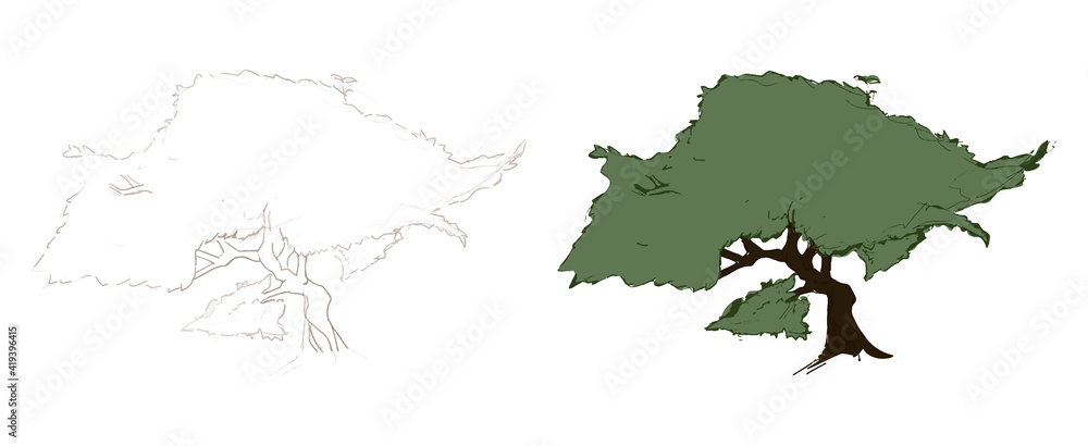 Obraz premium Vector illustration of hand drawn and colorful variant tree isolated on white background.Black, brown sketch with line art. Grenn.Comics.Spring.Summer.For posters, banners, design elements.Branch.Leaf