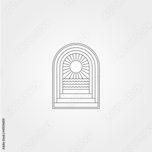 door and ocean sunburst icon logo vector symbol minimal illustration design, line art sea logo symbol