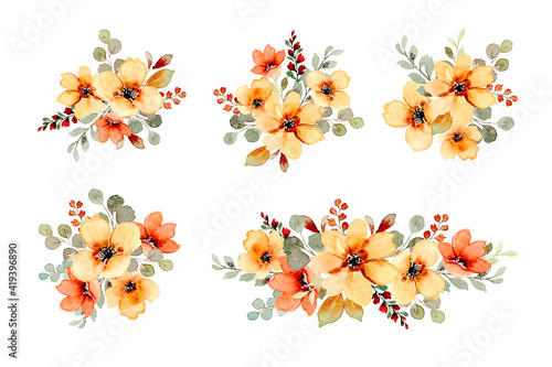 Collection of yellow and orange floral bouquet with watercolor