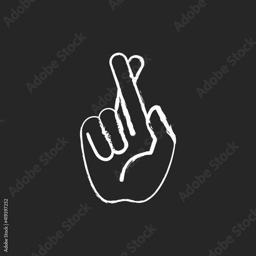 Crossed fingers chalk white icon on black background. Hand gesture used to wish for luck. Keep your fingers crossed. Implore God for protection. Isolated vector chalkboard illustration
