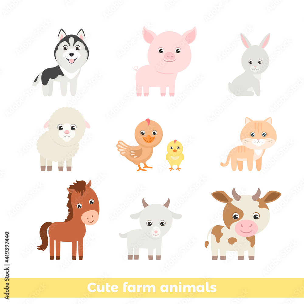 Cute cartoon farm animals set. Vector funny cow, hare, sheep, horse, goat,  pig, dog, cat and chicken with baby chick isolated on white. Illustration  of simple smiling characters. Stock Vector | Adobe