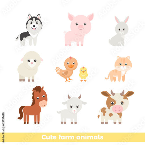 Cute cartoon farm animals set. Vector funny cow, hare, sheep, horse, goat, pig, dog, cat and chicken with baby chick isolated on white. Illustration of simple smiling characters. 