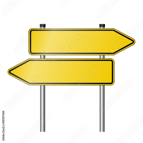 yellow signpost road sign as used in Germany pointing in both directions with copy space for text, realistic vector illustration