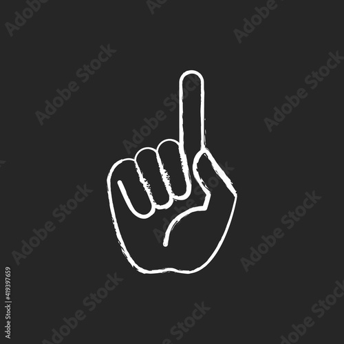 One finger pointing chalk white icon on black background. Pointing with index finger of hand at something. Sign requiring attention. Rhetorical reception. Isolated vector chalkboard illustration